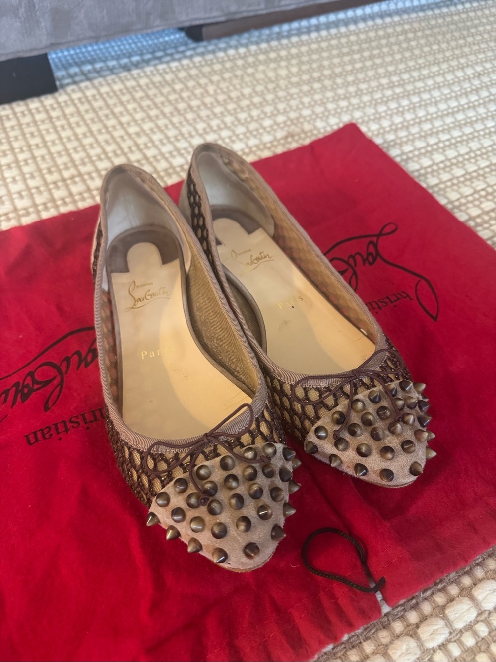 Christian Louboutin Brown Studded Mesh Ballet Flats Sz 40